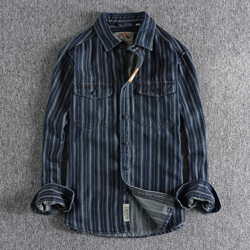 Autumn and winter new yarn-dyed striped wash jeans long-sleeved shirt man retro trend with classic shirt