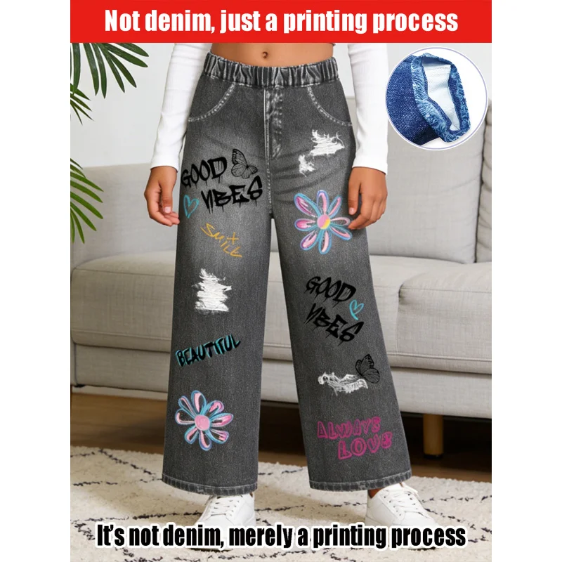 2026Children's Vitality Slogan Flower Imitation Jeans Children's Sweet Cool Casual Pants