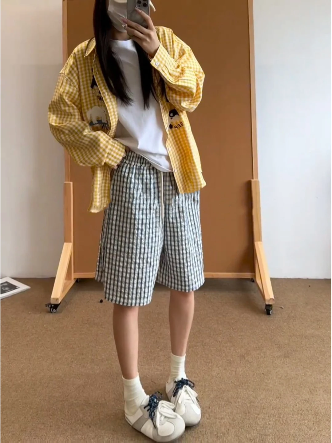 

Summer Qui Dry Outdoor Beach Bubble Cloth Plaid Men's orts Five-Quarter Loose Fit Straight Leg Casual Pants