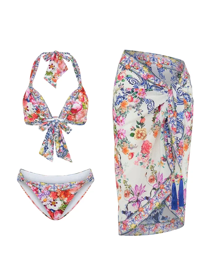 Minibikini con estampado para mujer, traje de baño femenino con falda de playa y cuello colgante, conjunto a juego, ropa de playa de verano