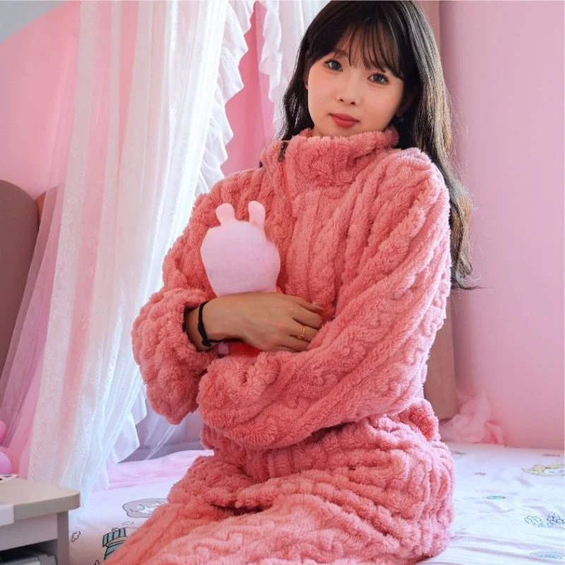 2025 New Coral Fleece Pajamas Women\'s Winter Long Sleeve Korean Edition Loungewear Thickened Velvet Warm Flannel Home Fur Set