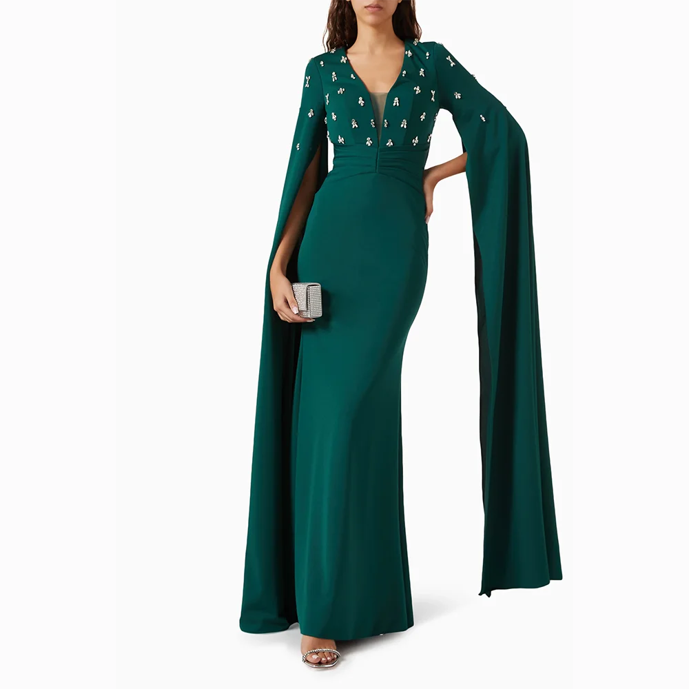 우아한 이브닝 드레스 저지 긴 소매 비즈 크리스탈 인어 이브닝 가운 바닥 길이 댄스 파티 드레스 드레스 맞춤형