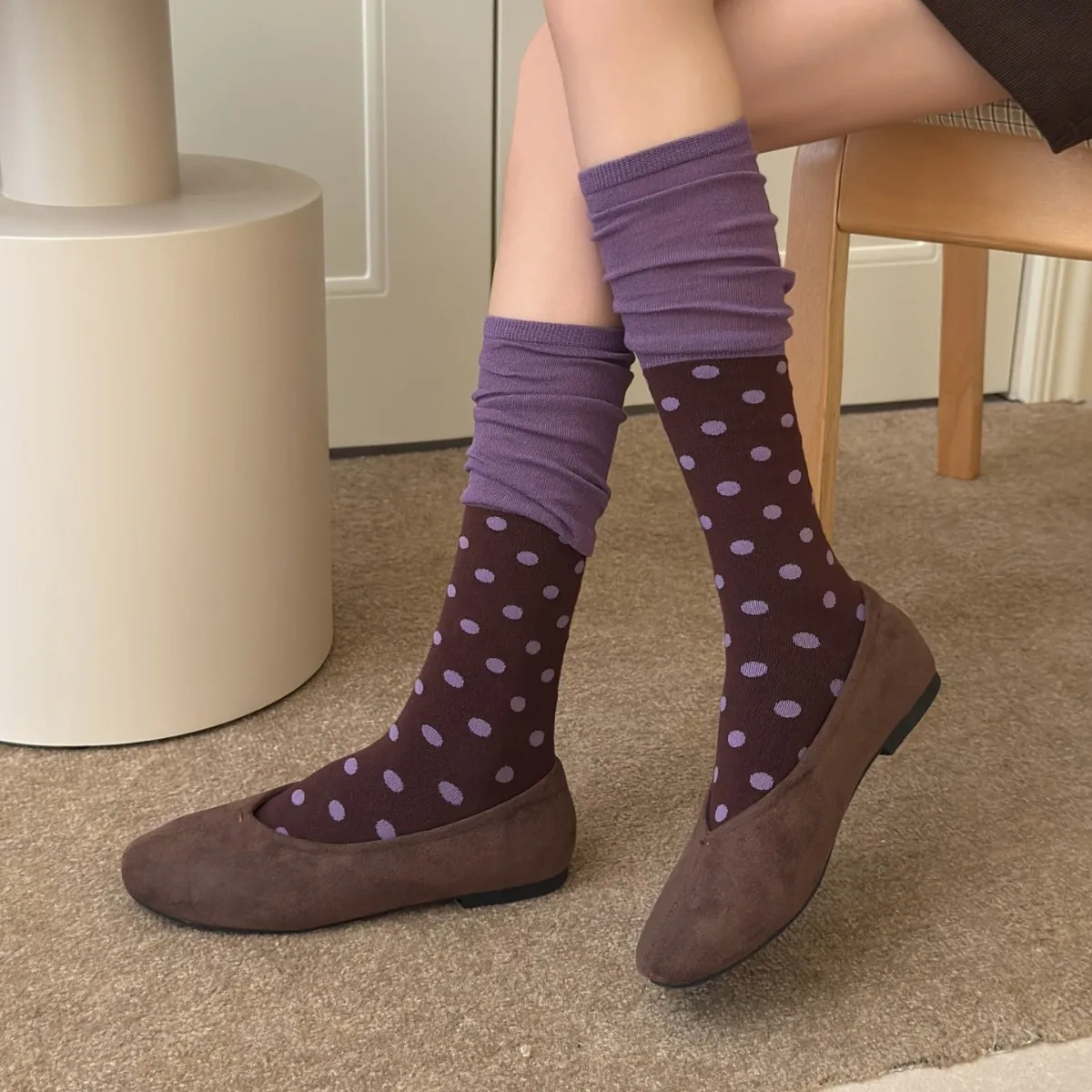 Korean Style Retro Color‑Block Polka Dot Calf Socks For Women, Knee‑High Fashion Ruffled Cuff Slouch Socks,Women Cotton Socks