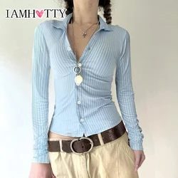 IAMHOTTY Y2K Striped Shirt Autumn Spring Casual Basic Slim-fitting Turn-down Collar Blouses Preppy Chic Elegant Streetwear New