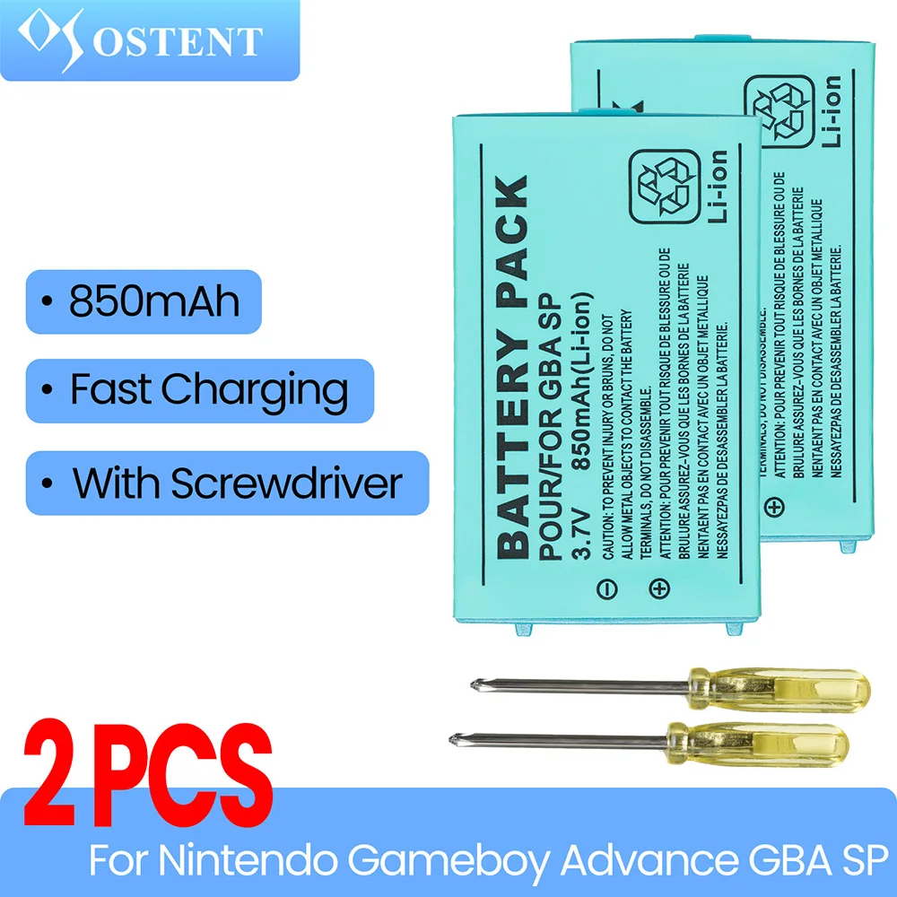 OSTENT 2PCS 3.7V 850mAh Rechargeable Lithium-ion Battery Pack with Screwdriver for Nintendo Gameboy Advance GBA SP