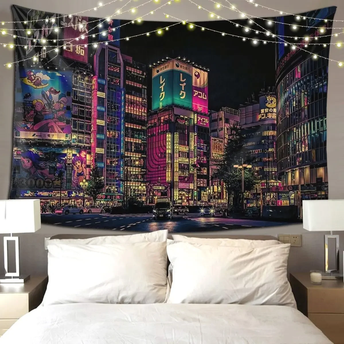 Futurism- Japan Night Photo Tapestry Hippie Wall Hanging Aesthetic Home Decor Tapestries for Living Room Bedroom Dorm Room