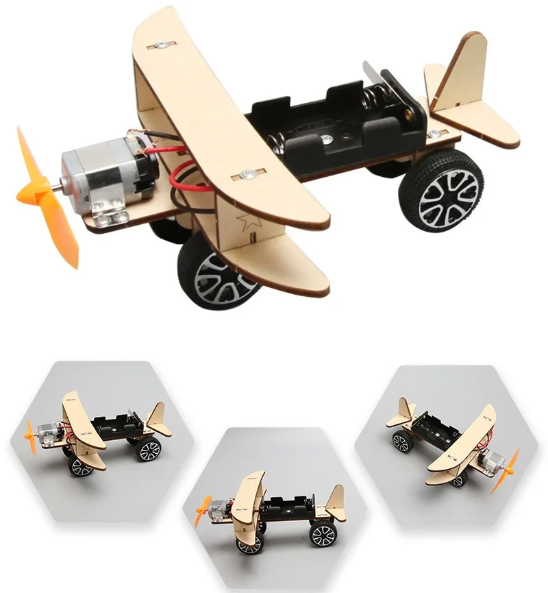 Wooden DIY Electric Biplane Model STEM Educational Science Experiment Assembly Toy for Kids Physics Learning and Gifts
