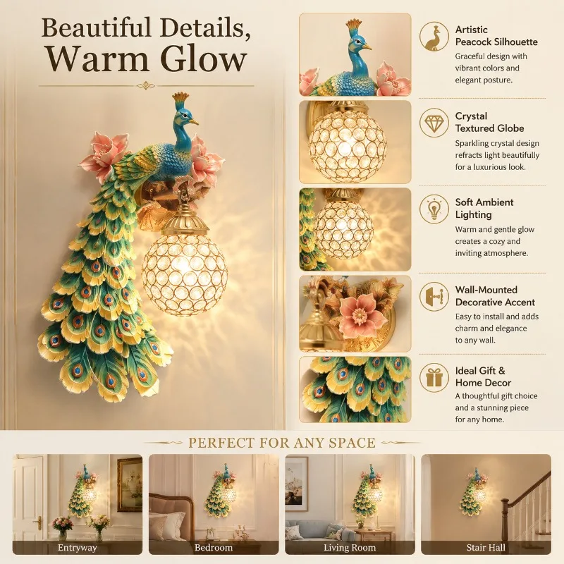 European Nordic Creative Peacock Wall Sconce with Resin Crystal Shade for Living Room Bedroom Hallway Stairway Decor Light