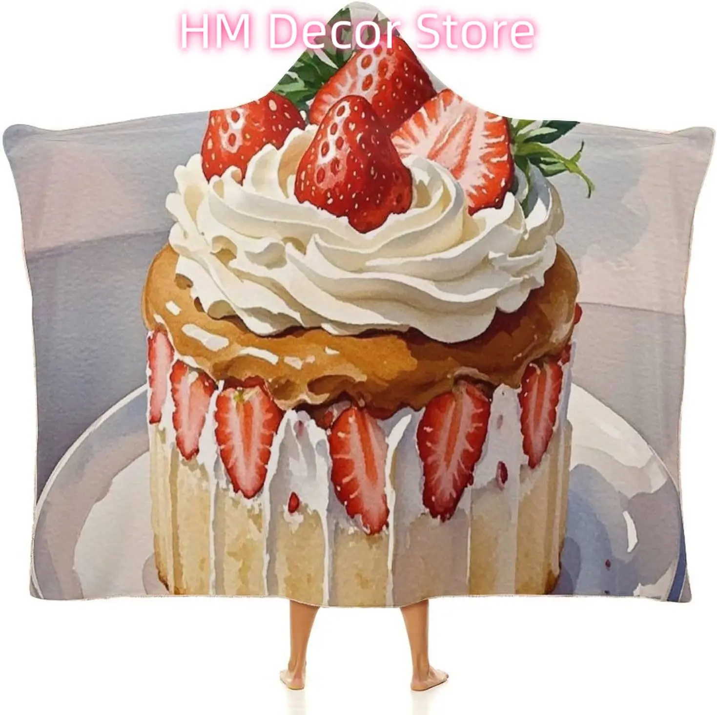 Strawberry Cream Cake Wearable Hooded Blanket, Ultra Soft Arctic Velvet Cape Cloak Unisex - Cozy Wearable Blanket