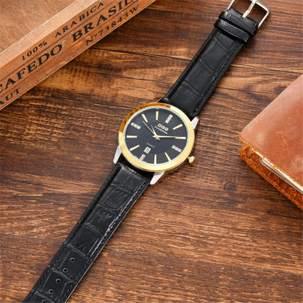 Men Luxury DQG Brand Watches Fashion Gold Case Calendar Quartz Watch Vintage Black Leather Dress Gift Clock Male Wristwatches