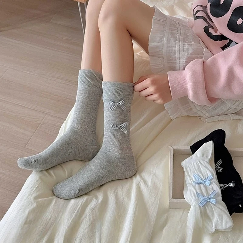 Checkered Bow Women Small Leg Socks Korean Fashion Cute Style Casual Socks Soft Comfortable Breathable Butterfly Long Socks