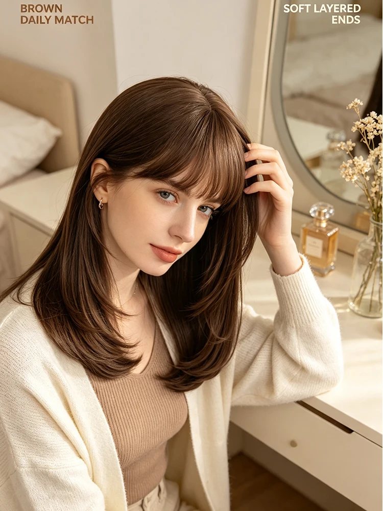 Synthetic 20 Inch French Layered Clavicle Inward Curl Brown Straight Hair Wig Halloween Cosplay Heat Resistant Fiber