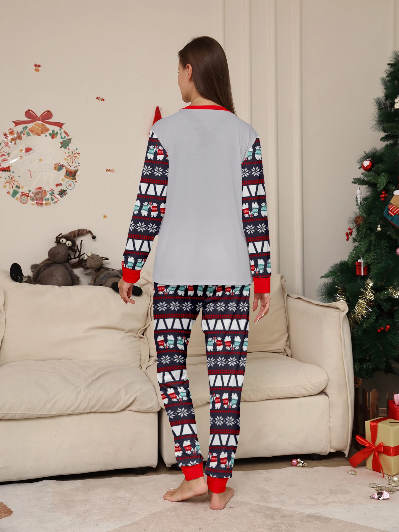 Pigiama natalizio a maniche lunghe per coppie, pigiama con stampa di orsi polari e Fair Isle