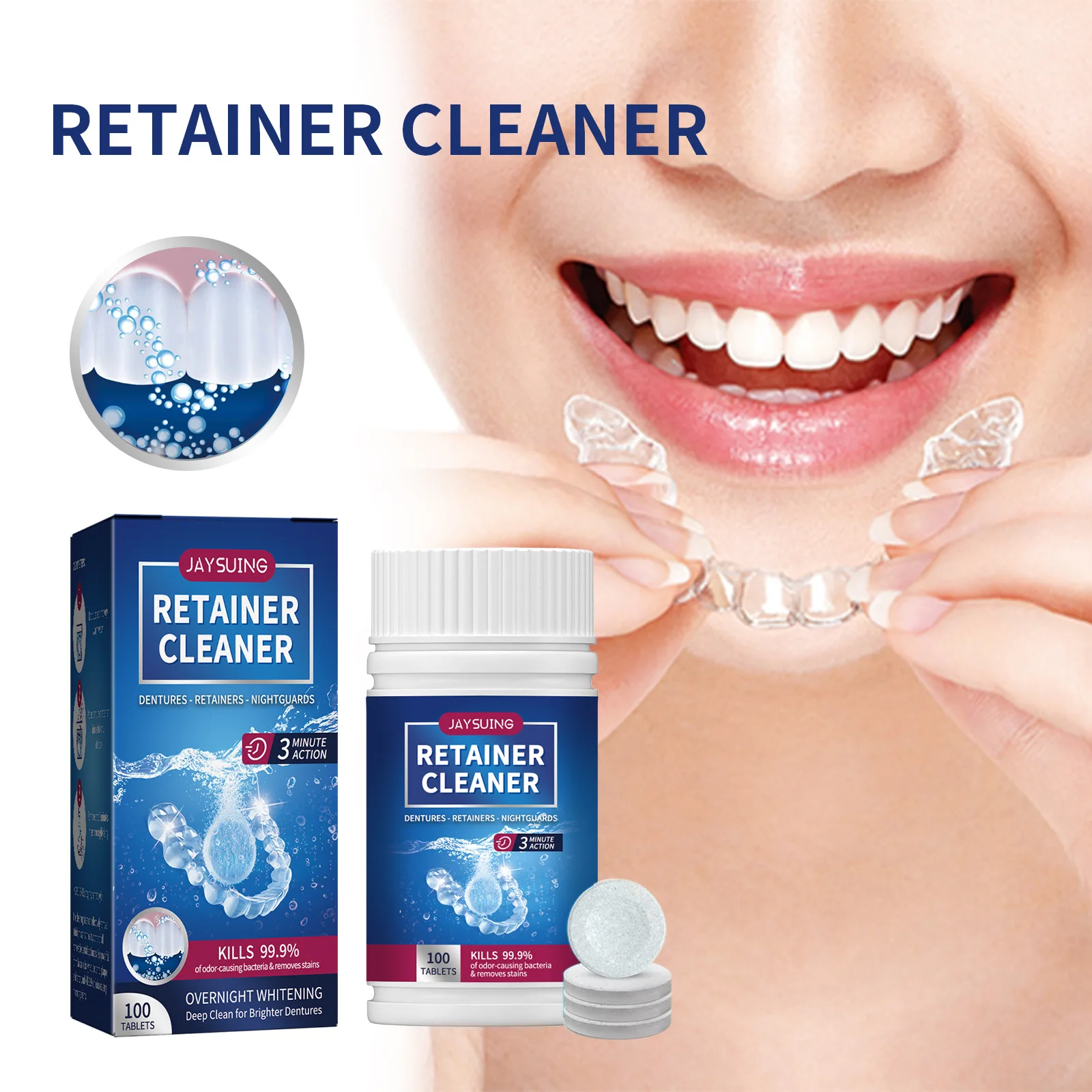 False Tooth Cleaning Tablets for Cleaner Retainers Dental Appliances Removes Bad Odors Discoloration Stains Fresh Breath 치아미백