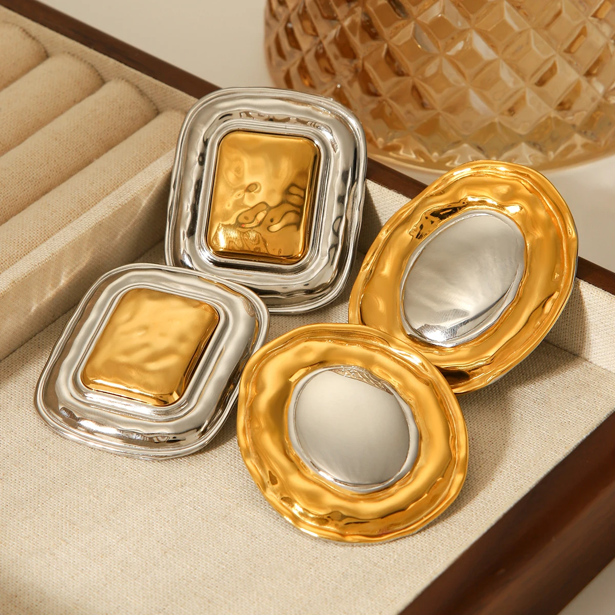 

18K Gold Plated Statement Earrings For Women Stainless Steel Square Round Stud Earrings Hypoallergenic Y2K Fashion Jewelry