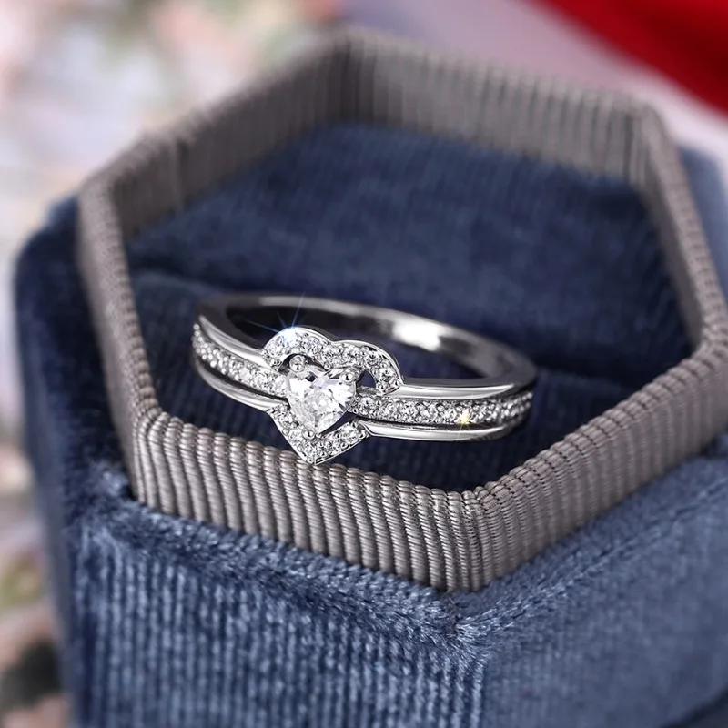Luxury Women Double Heart Engagement Rings AAA Cubic Zirconia Silver Color Rings for Girlfriend Anniversary Gift Drop Shipping