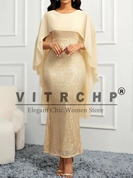 VITRCHP Women's Evening Dress Sequined Chiffon Shawl Style Slim Fit Wrap Hip European and American Style Banquet Party Dresses