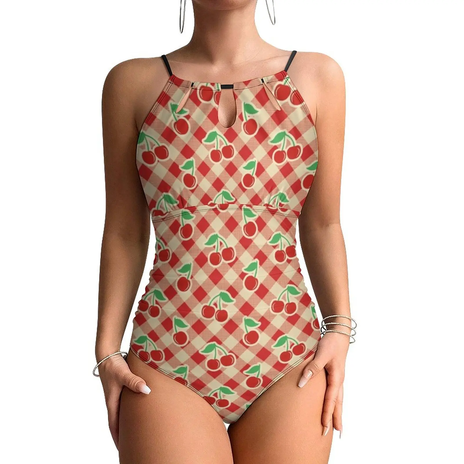 Red Cherry Print Swimsuit Vintage Plaid Push Up Swimwear One Piece Holiday Swim Monokini Bodysuit Pattern Beach Wear Plus Size