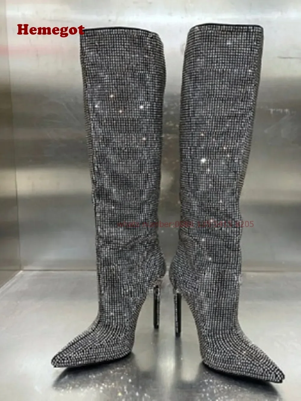 

Champagne Rhinestones Knee High Boots Pointy Toe Stiletto Heels Crystals Women's Boots Elegant 2025 Bling Luxury Casual Shoes