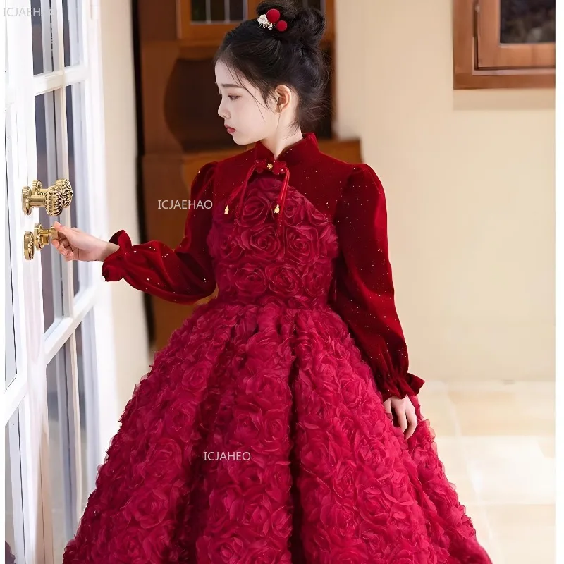 

Kids Girls Burgundy Long Sleeve Vintage Party Dress Children Floral Wedding Evening Formal Wear Princess Gown Birthday Pageant