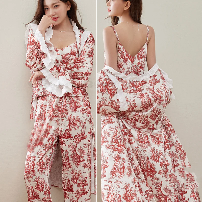 Elegant French Print Flower Sleepwear Trouser Suit Spring Summer Women Robe Pajamas Three Piece Set Lounge Wear Casual Home Wear