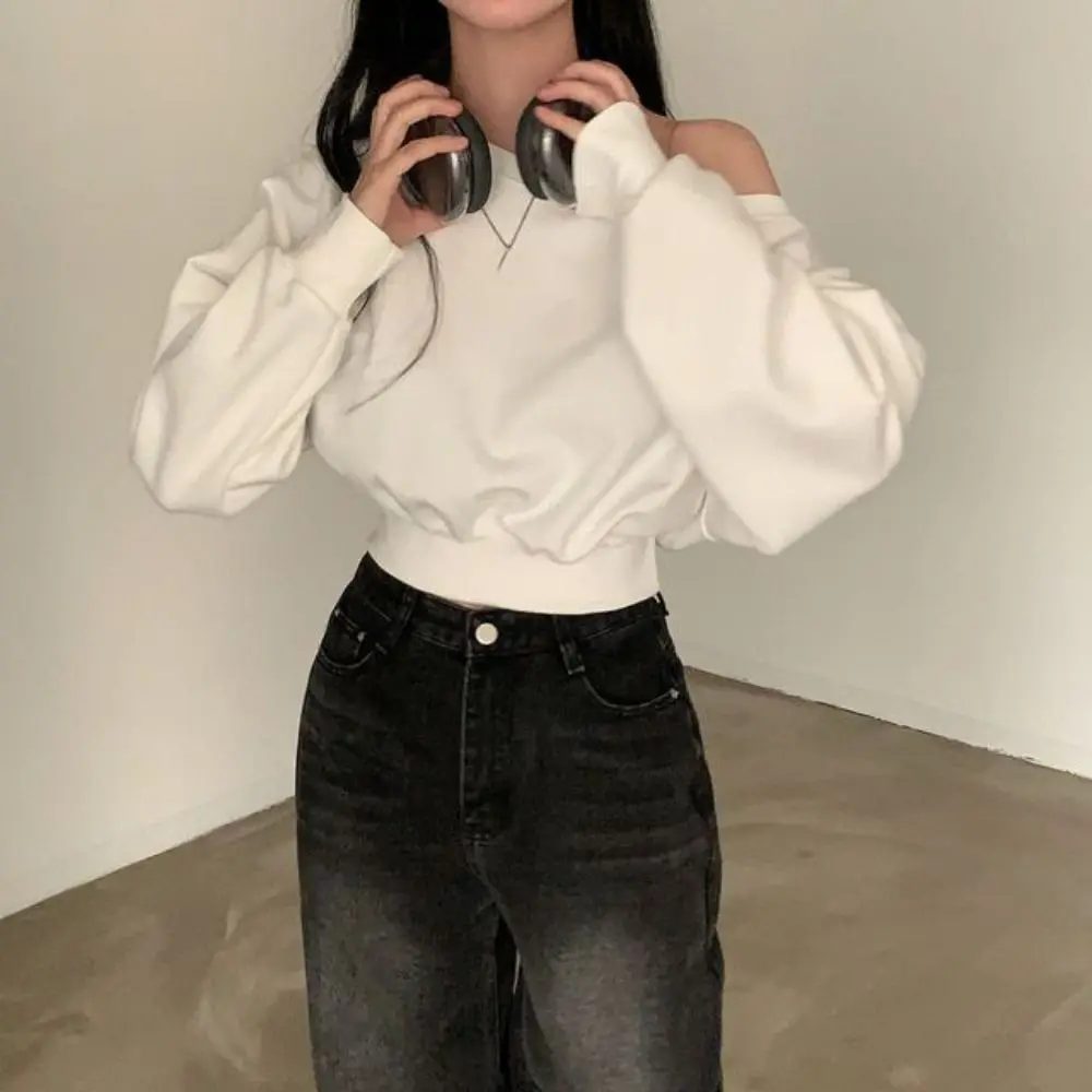 Elegancka koszulka retro z długim rękawem, luźna, codzienna bluzka z odkrytymi ramionami, jednolita, stylowa jesienna bluza z kapturem, krótki top, odzież uliczna.