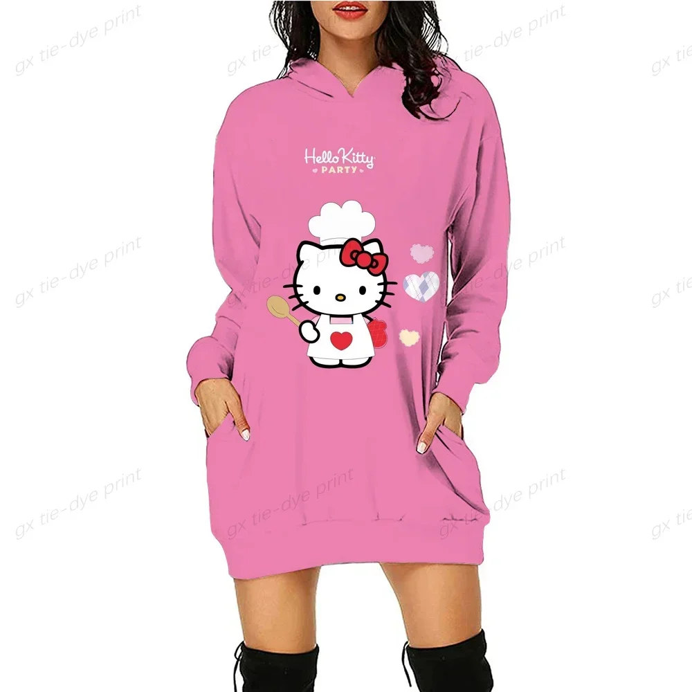 HELLO KITTY Autumn Women Hoodie Dress Fashion Slim Fit Sweatshirt Dresses for Women Pocket Kawaii Hooded Casual Dress Mini Dress