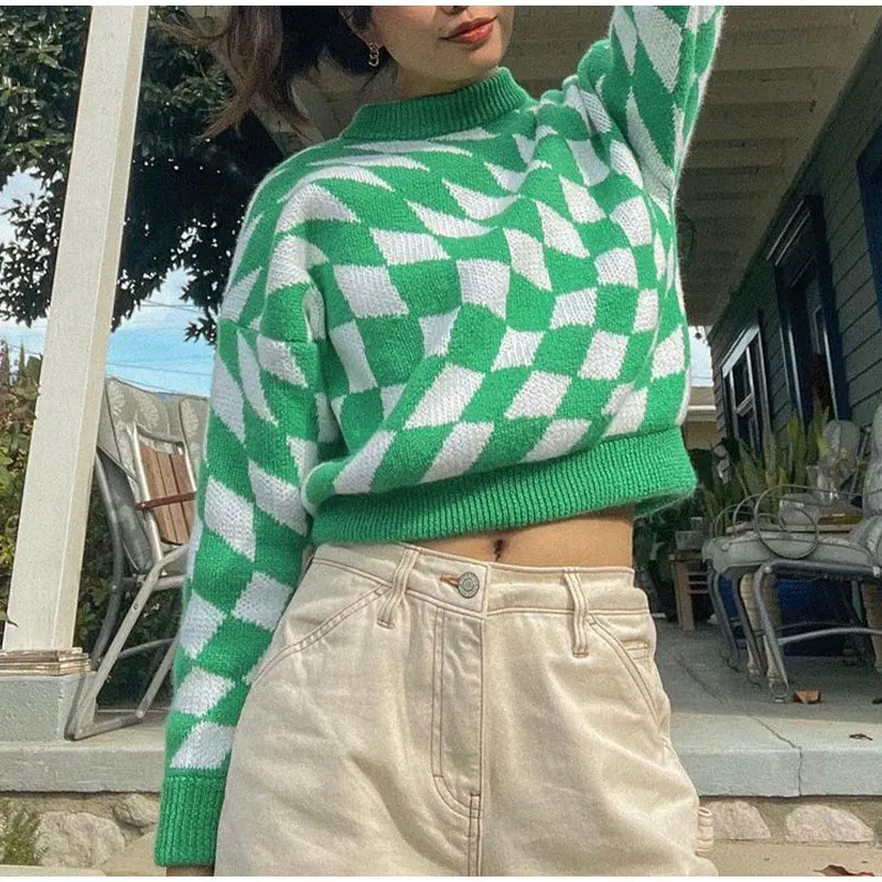 O-Neck Loose Female Pullover Sweet Long Sleeve Lady Pullovers Chic Student Jumpers Vintage Argyle Plaid Women Knitted Sweater