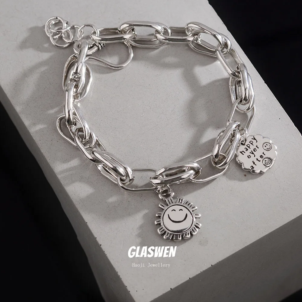 Hot Sell Trendy Smile Face Sun Design Tag Retro Thai Silver Female Charm Bracelet Wholesale Jewelry For Women Christmas Gifts