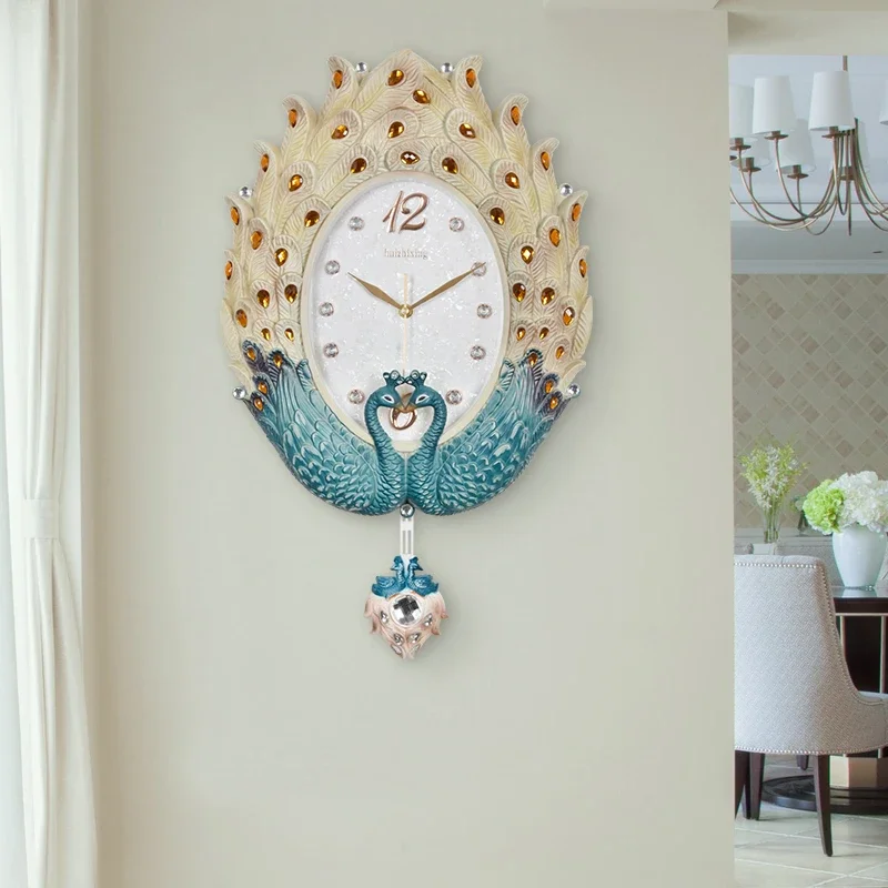

European Peacock Wall Clock Silent Quartz Movement Metallic Finish Wall Decor Dining Room Hallway Luxury Living Room Decor