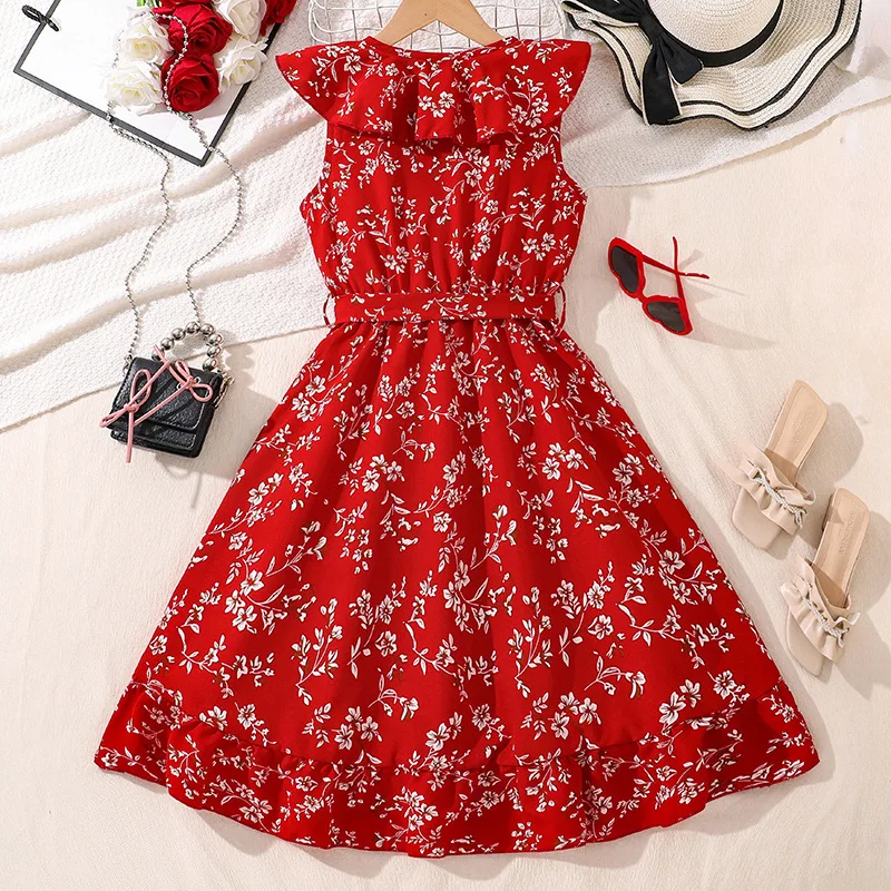 2025 New Arrival Girls Sleeveless Ruffles Print Floral Red Infantil Menina Cute Holiday Night Party Princess Dress Custume 8-12T