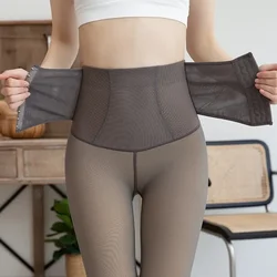 Pantalones de calcetín translúcidos de felpa para mujer, de forro polar pantimedias, medias cálidas de cintura alta para mujer, medias térmicas para mujer