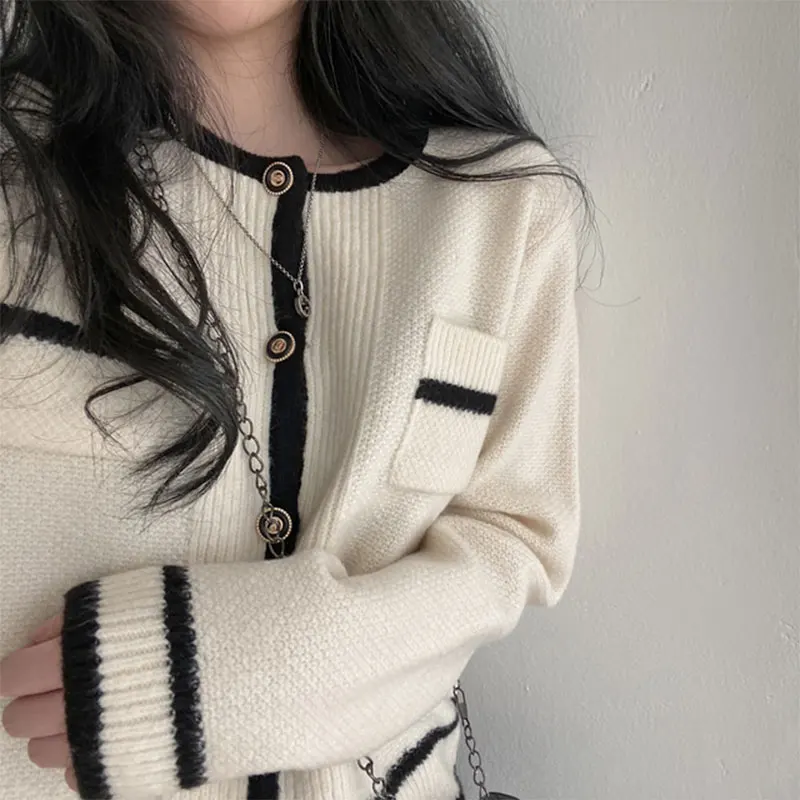 

Chic Autumn Winter Vintage round Ne Spliced Color Knitted Open Cardigan Loose Slimming Long Sve Sweater for Women