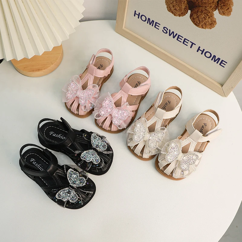 

Toddler Sandals Girls Cut Outs Leather Shoes 2024 Summer Brand Bow Knot Sandals Weave Baby Girl Beach Shoes