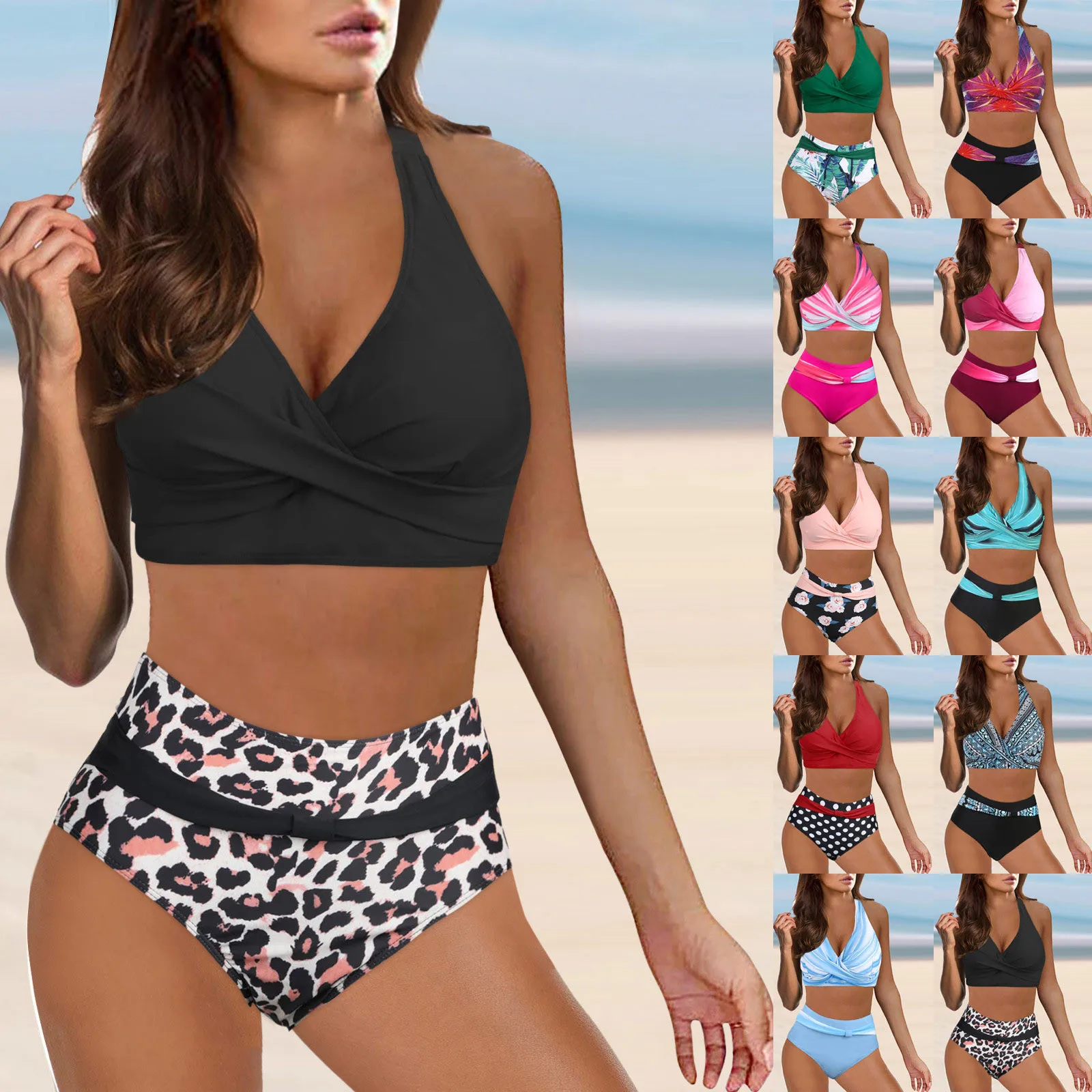 Dwuczęściowe kostiumy kąpielowe Moda damska bikini z wysokim stanem Push Up Vintage Stroje kąpielowe Halter Top Tummy Control Ruched Bottom