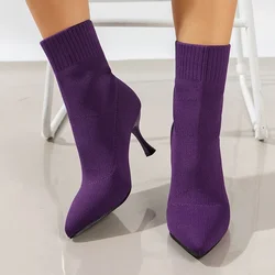 Sexy Pointed Toe High Heels Boots for Women Warm Knitting Thin Heel Ankle Boots Woman Slip-On Light Sock Botas De Mujer Female