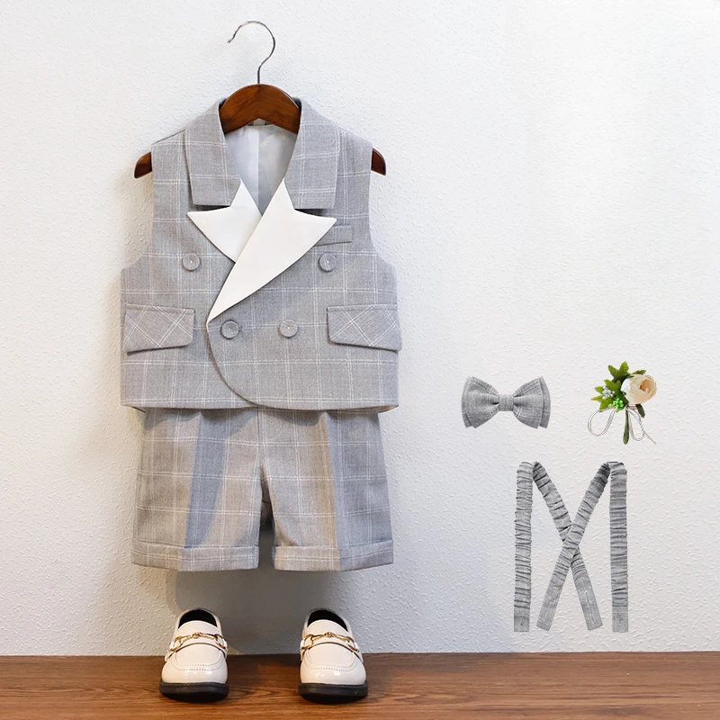 

Flower Boy Wedding Suit 2024 Summer New Noble Gentleman Piano Performance for Children Green Plaid Formal Birthday Blazer Set