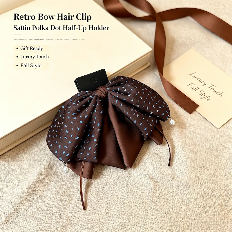 Women Satin Polka Dot Claw Clip Retro Half-Up Ponytail Clip Autumn Winter Versatile Hair Accessory Lazy Claw Clip for Daily Life