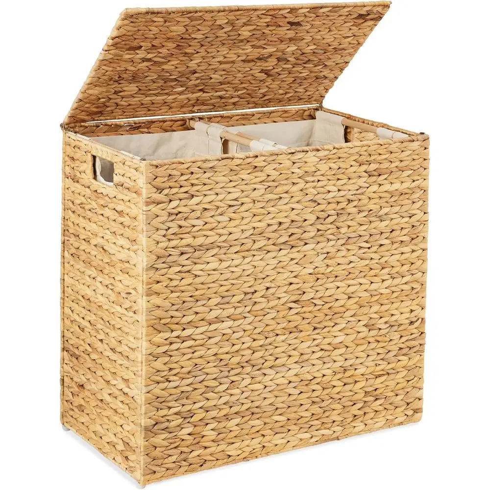 

Double Section Laundry Hamper with Lids, Handwoven Water Hyacinth, Washable Linen Liners, Portable Handles