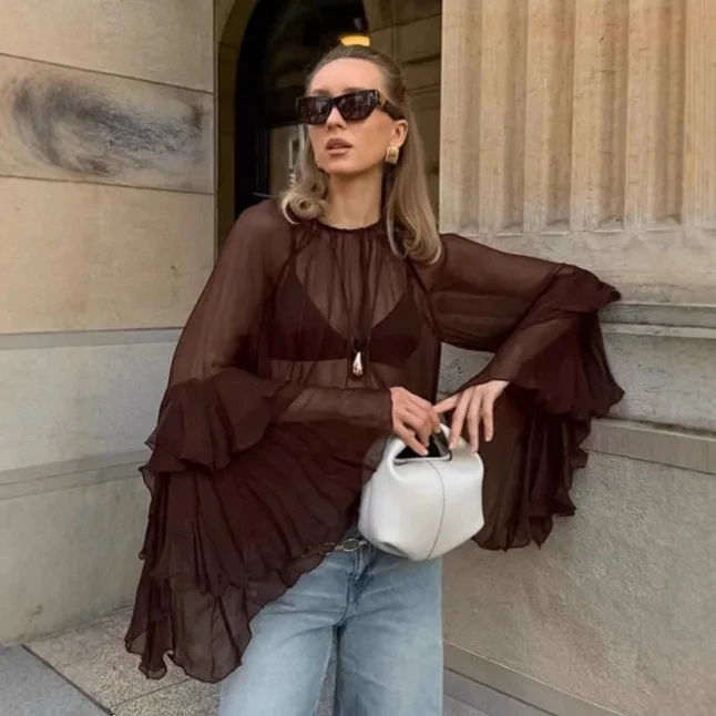 

2026 Spring New Brown Chiffon Bell Sleeve Round Neck Loose See Through Top Sexy Fashion Elegant Temperament