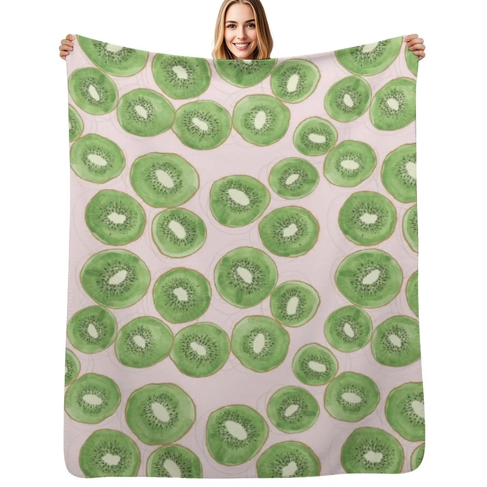Kiwi Fruit Watercolor Pattern Throw Blanket Machine Washable Soft Warm Blanket