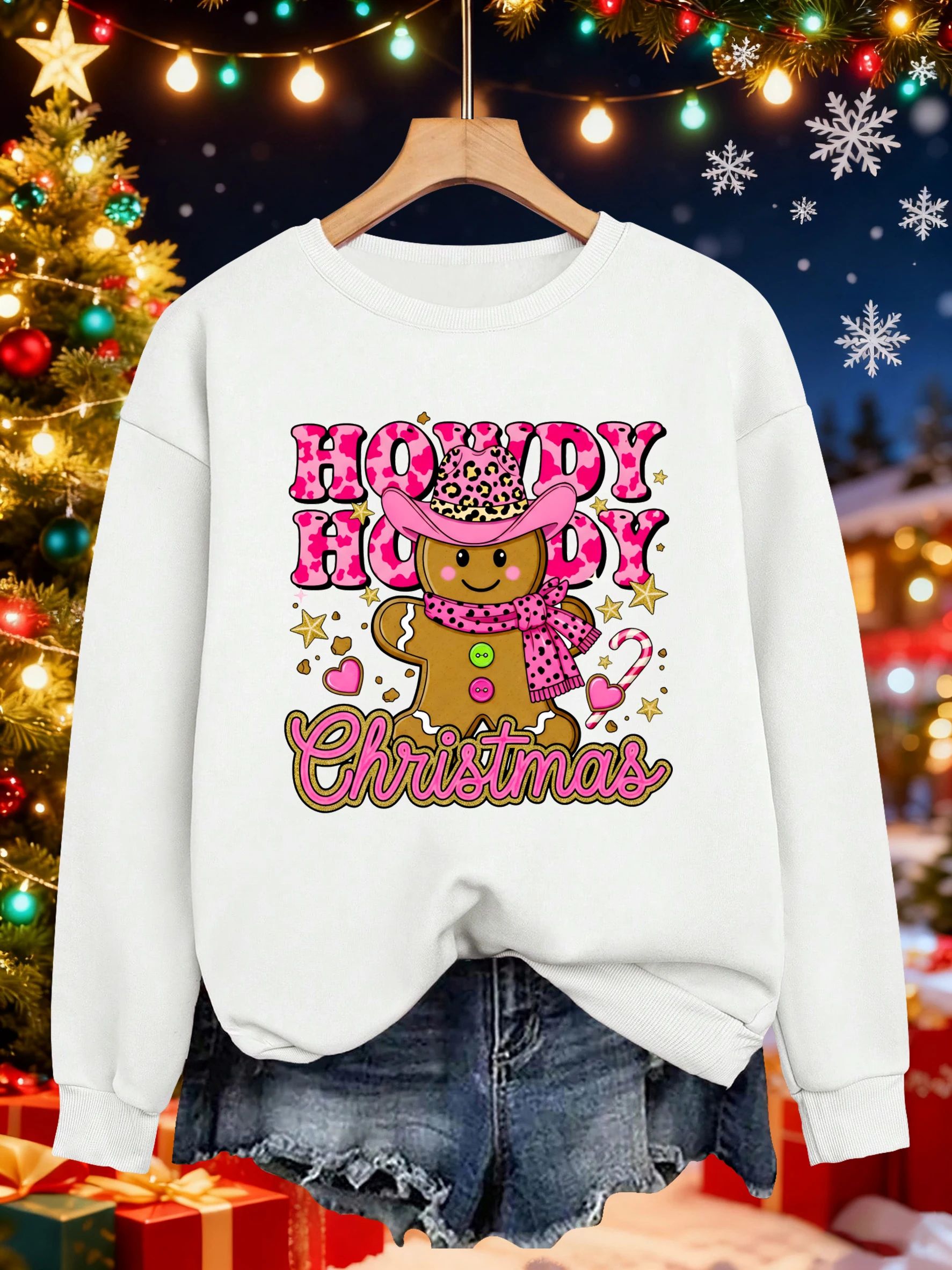 Howdy 메리 크리스마스 프린트 스웨트셔츠 여성용 플리스 Y2K 풀오버 힙합 크루넥 스트리트웨어 올매치 가을 여성 의류