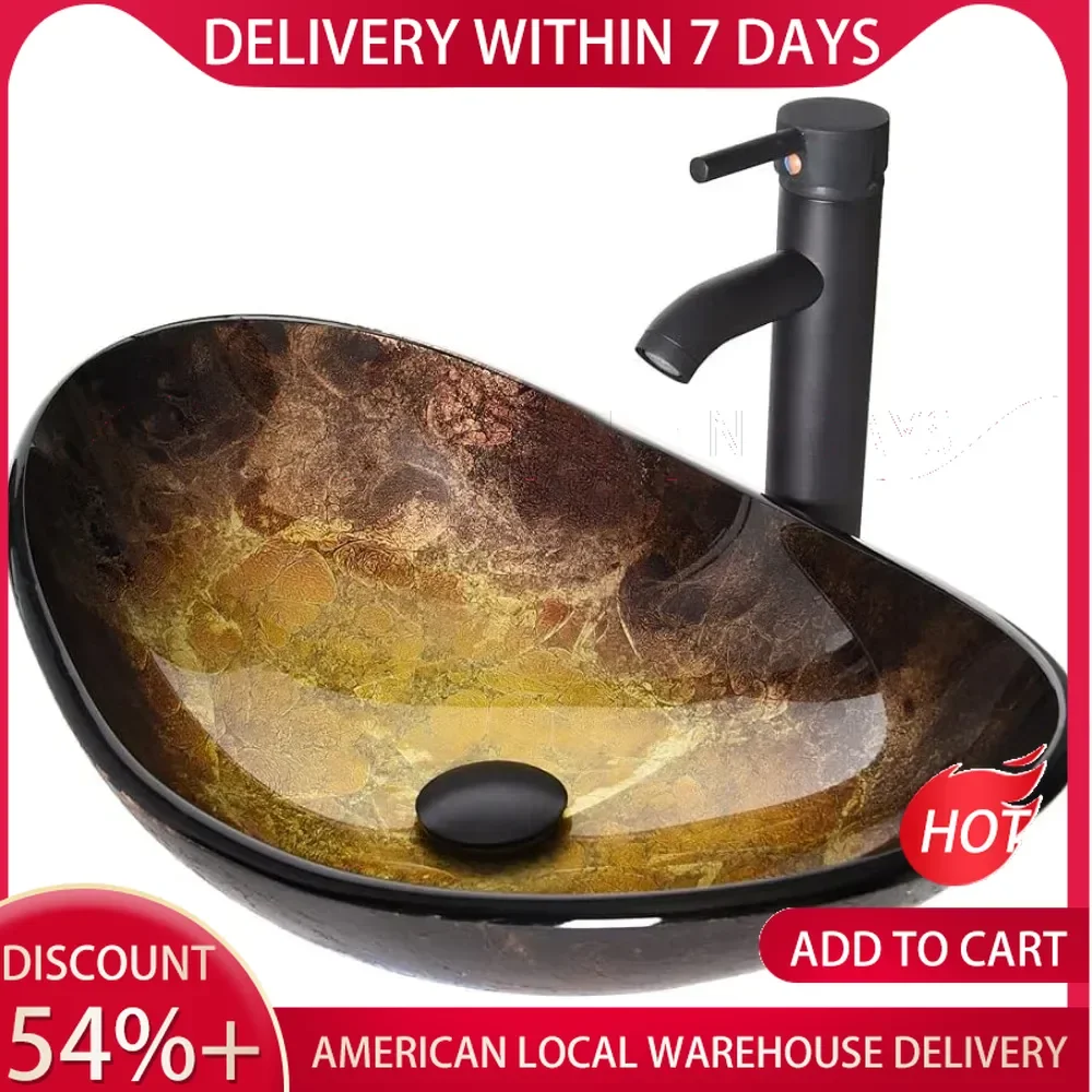 Bathroom Sink Boat Shape Bathroom Art Glass Container Bowl Basin With Free Oiled Rub Bronze Faucet and Pop Up Drain Countertop