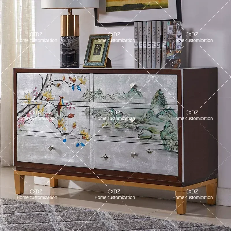 New Chinese Style Modern Simple Solid Wood Entrance Cabinet Silver Foil Drawer Dining Sideboard Bedroom Painted Six Drawer