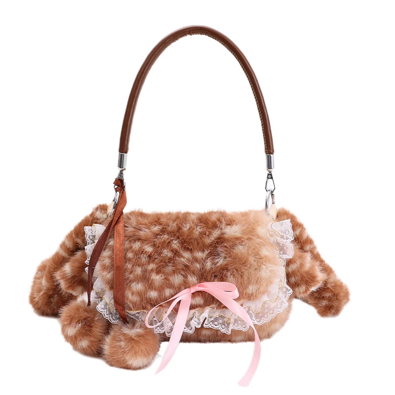 Japanische Hirsch gefleckte Band Plüsch Unterarm Umhängetasche, Mori Girl Elch flauschige Frauen Geldbörse, Winter süße Woodland Fairycore Handtasche – Detail 15