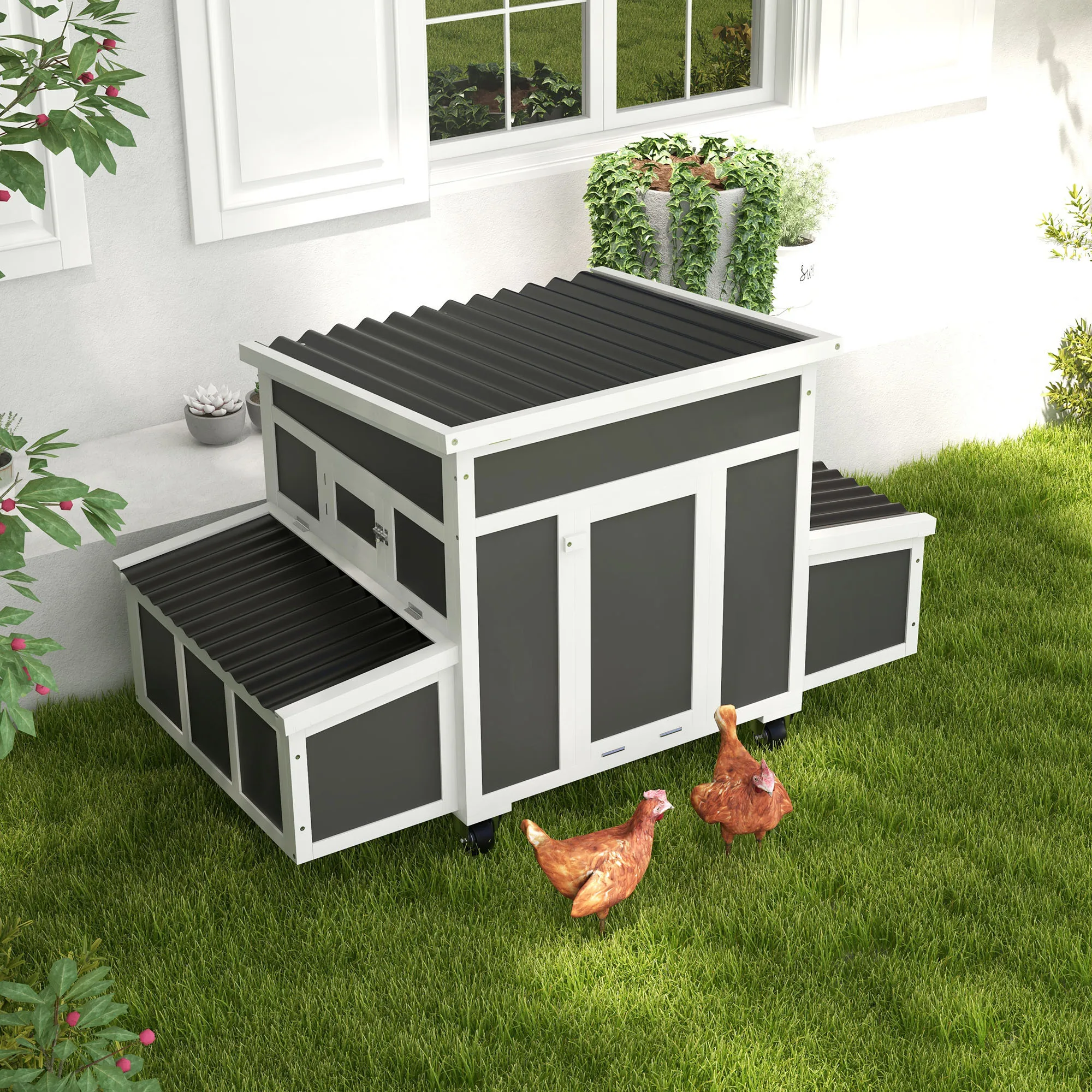 PawHut Gallinero de Madera 147x93,5x89,5 cm con Bandeja Extraíble Gris Oscuro