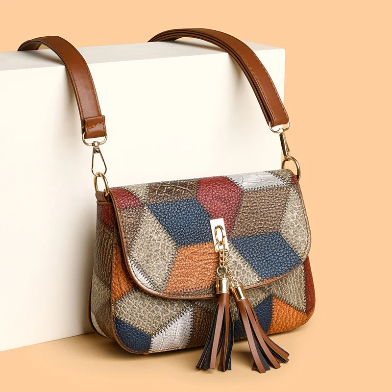 Colorful Patchwork Plaid Crossbody Bags With Tassels, Vintage Versatile Women's Shoulder Bag For Commuting