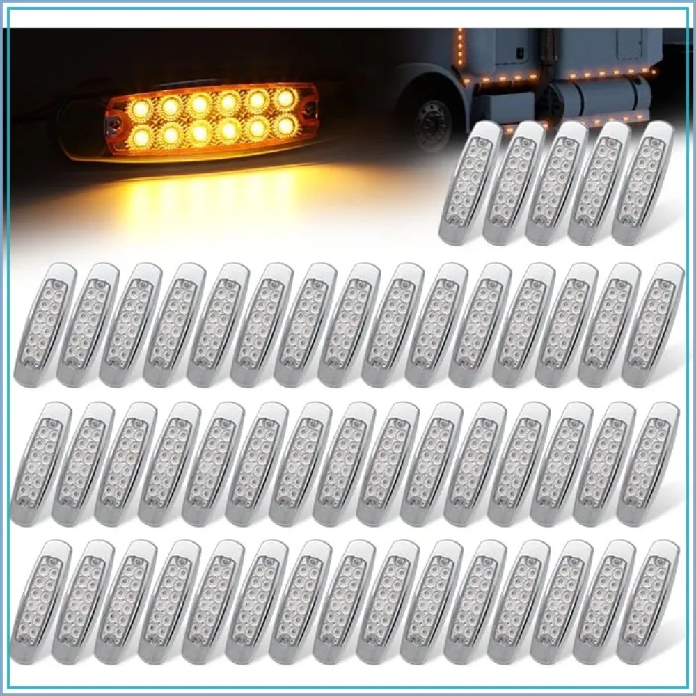 50 Pcs 12V DC 6.4 Inch Amber LED Side Marker Clearance Lamp Heavy Truck Lighting 12 LED Trailer Truck ATV SUV Coach Surface Mount Waterproof
