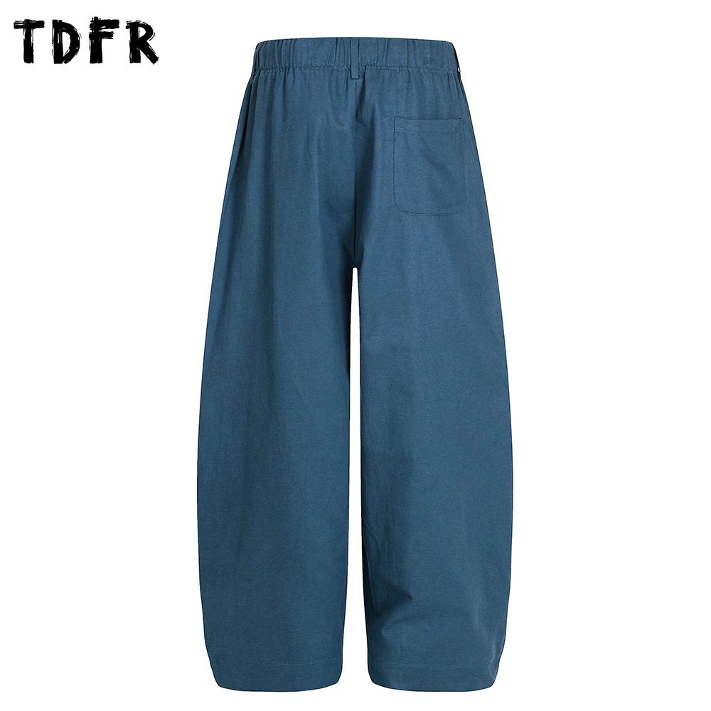 Solid Color Cargo Pants Mens Pocket Casual Retro Baggy Drawstring Elastic Waist Wide Leg Trousers Man