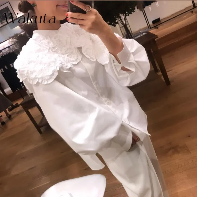 WAKUTA Fashion Retro Lapel Long-sleeved Chic Blouses Loose Single-breasted Sweet Women's Versatile Shirts Victorian Blouse White